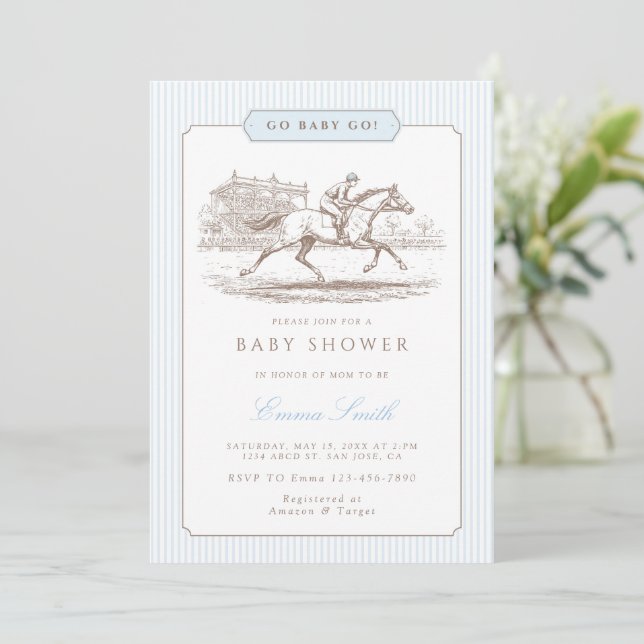 Blå Gå Baby Gå Derby Baby Shower Klassisk Preppy Inbjudningar (Stående Fram)