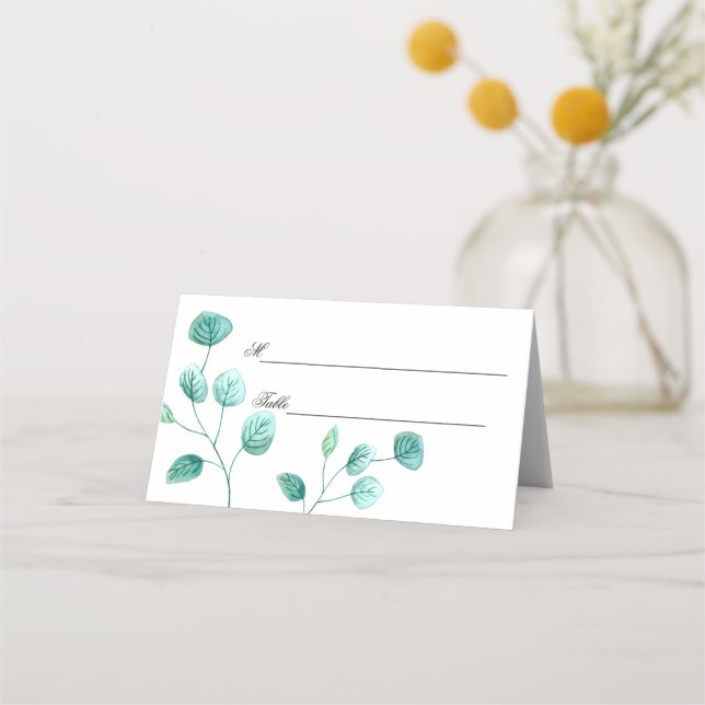 Blå Garden Watercolor Stems Bröllop Placeringskort (Framsida)