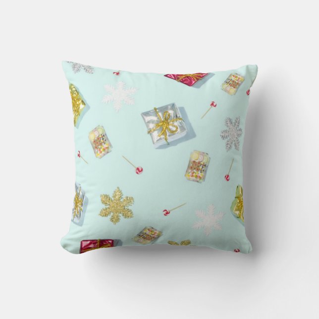 Blå gåvor och Candy Retro Stil jul Kudde (Framsida)