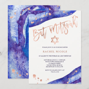 Blå Geode och Faux Ro Guld ser Bat mitzvah ut Inbjudningar