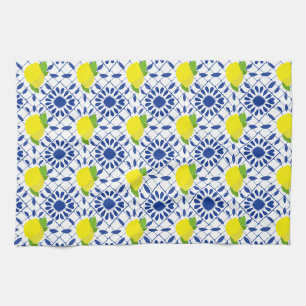 Blå geometrisk citrondesign kakel kökshandduk