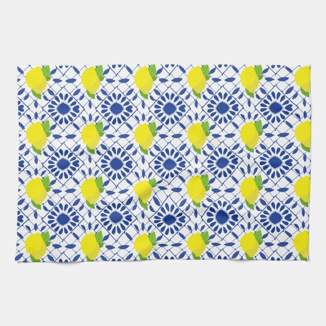 Blå geometrisk citrondesign kakel kökshandduk (Horisontell)