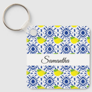 Blå geometrisk citrondesign kakel nyckelring