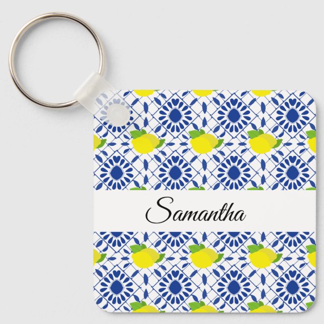 Blå geometrisk citrondesign kakel nyckelring (Framsida)