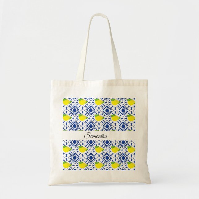Blå geometrisk citrondesign kakel tygkasse (Framsidan)