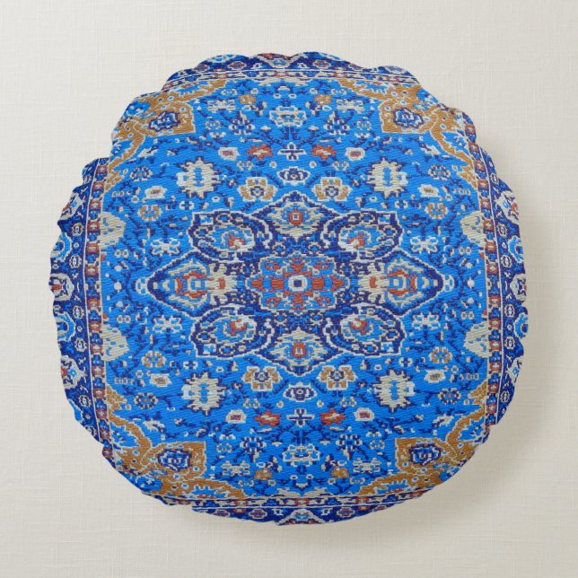 Blå geometrisk persian Turkiska Matta-utskrift Rund Kudde (Framsidan)