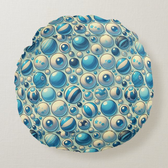 Blå Geometrisk Sfär Mönster Modern Dekoration 🔵 Rund Kudde (Framsidan)
