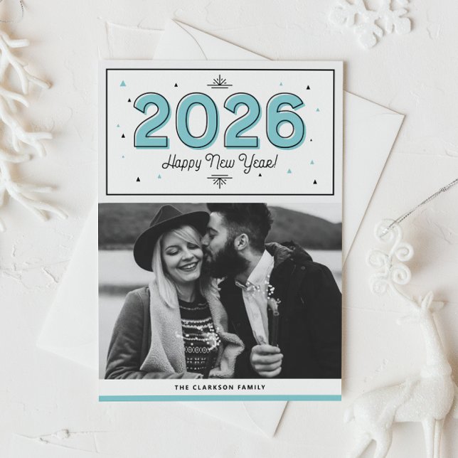Blå geometrisk typografi - foto Gott nytt år Helgkort (Customizable photo New Year card featuring aqua blue geometric typography and triangles confetti.)