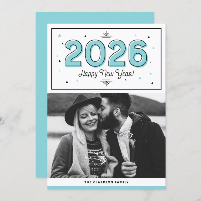 Blå geometrisk typografi - foto Gott nytt år Julkort (Fram/baksida)