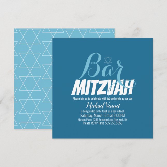 Blå Geometrisk Vit Bar Mitzvah Inbjudningar (Fram/baksida)