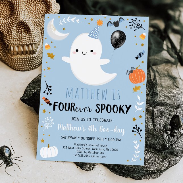 Blå Ghost FYUR varje gång Spooky Birthday Inbjudningar (Skapare uppladdad)