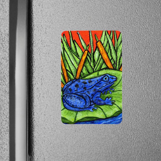 Blå giftvibrant groda magnet (Vibrant blue poison frog on lily pad tall grass with reeds on rectangle magnet.)