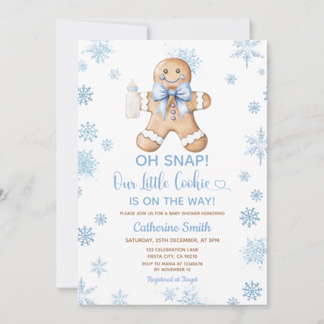 Blå Gingerbread Jul Baby Shower Snöflingor Inbjudningar (Framsida)