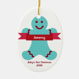 Blå gingerbröd, röd banderoll namn baby först julgransprydnad keramik