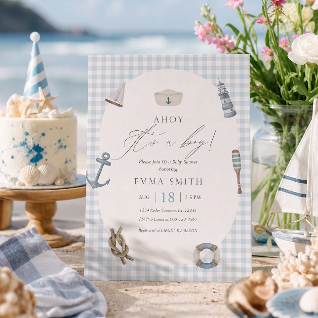 Blå Gingham Ahoy Pojke Bebis Badrums Marin Inbjudningar (Skapare uppladdad)