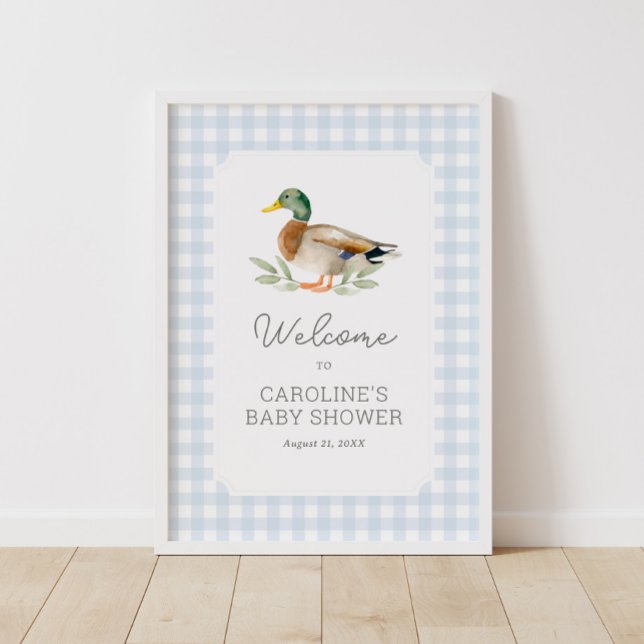 Blå Gingham Anka Baby Shower Välkomstskylt Poster (Skapare uppladdad)