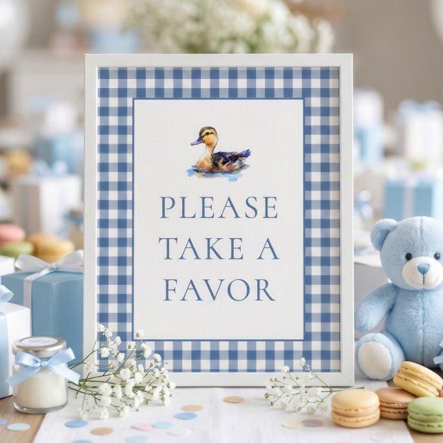 Blå Gingham Anka Förmån Bebis Duschen Skylt (Skapare uppladdad)