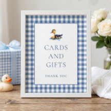 Blå Gingham Anka Kort Gåvor Baby Shower Skylt