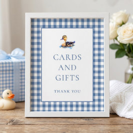 Blå Gingham Anka Kort Gåvor Baby Shower Skylt