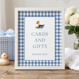 Blå Gingham Anka Kort Gåvor Baby Shower Skylt