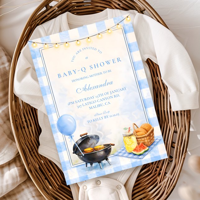 Blå Gingham Baby Q Babyfirande Inbjudningar (Skapare uppladdad)