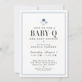 Blå Gingham Baby-Q Grillfest Bebis Shower Inbjudan