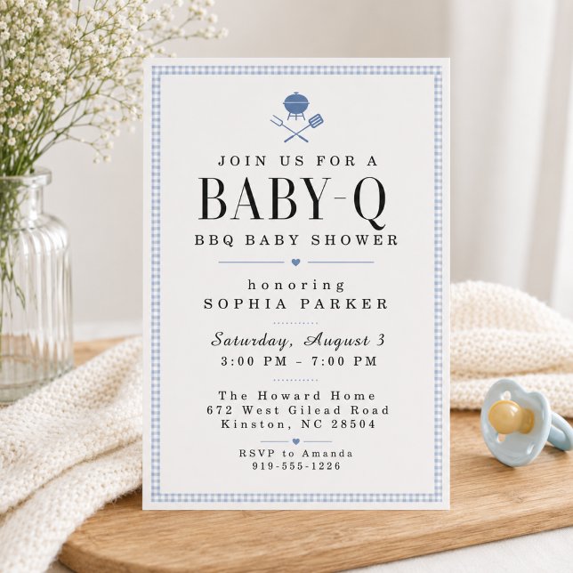 Blå Gingham Baby-Q Grillfest Bebis Shower Inbjudan (Skapare uppladdad)