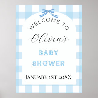 Blå Gingham Baby Shower Välkomstskylt Affisch