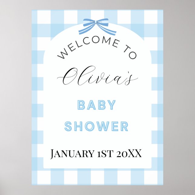 Blå Gingham Baby Shower Välkomstskylt Affisch  (Framsidan)