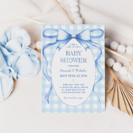 Blå Gingham Babypojke Babyshower med Bågband Inbjudningar