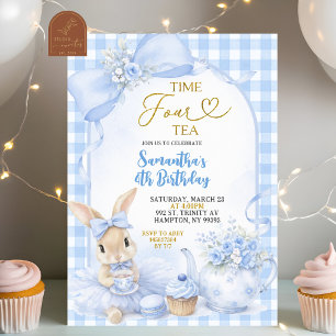 Blå Gingham-båge Kanin Tea Party Fjärde Födelsedag Inbjudningar