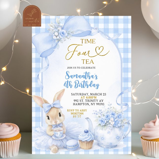 Blå Gingham-båge Kanin Tea Party Fjärde Födelsedag Inbjudningar (Skapare uppladdad)