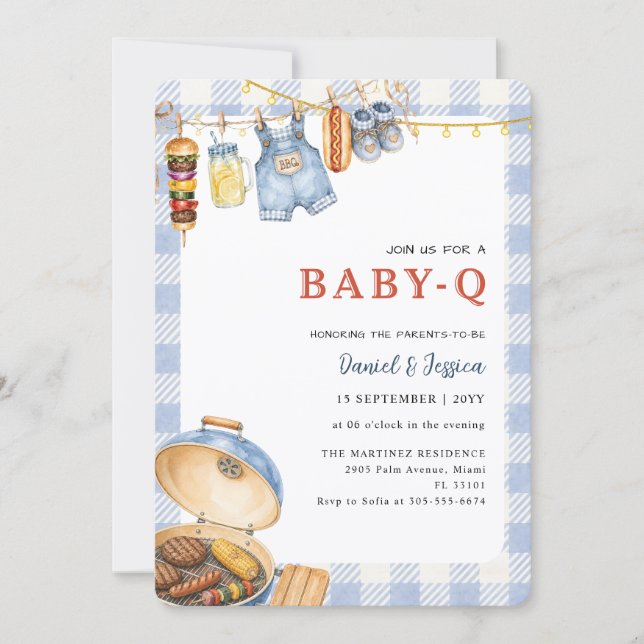 Blå Gingham Bakgård Baby Q Baby Shower Inbjudningar (Framsida)