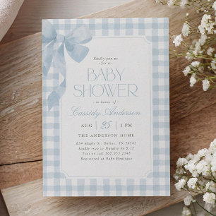 Blå Gingham Band Pojke Baby Shower Inbjudningar