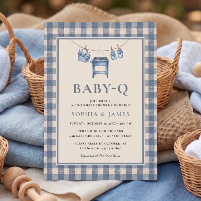 Blå Gingham BBQ Grill Klädtrog Bebisdopp Inbjudningar (Blue Gingham BBQ Grill Clothesline Baby Shower Invitation)