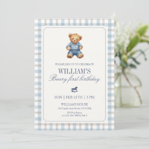 Blå Gingham Beary Första Födelsedags Pojke Teddybj Inbjudningar