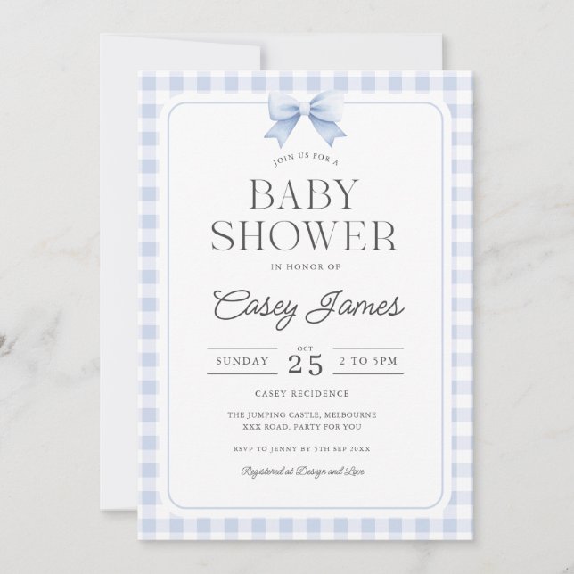 Blå Gingham Bebis Babyshower Inbjudan (Framsida)