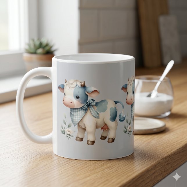 Blå Gingham Bebis Ko Pastell Bondgård Estetik Kaffemugg (Blue Gingham Baby Cow Pastel Farm Aesthetic Coffee Mug)