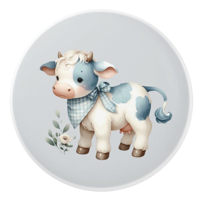 Blå Gingham Bebis Ko Pastell Bondgård Estetik Knopp (Framsidan)