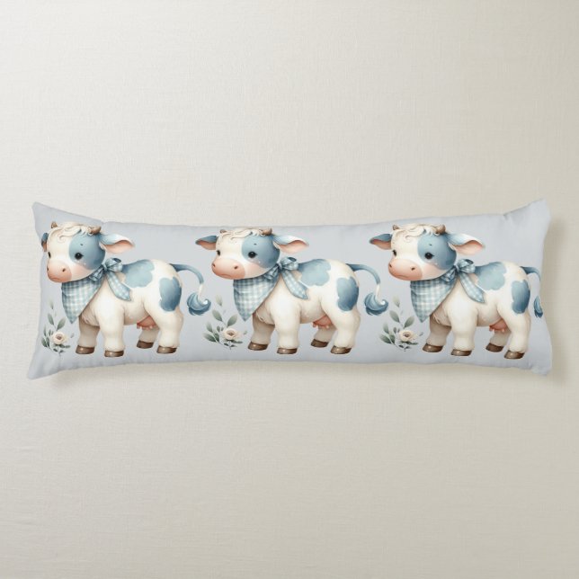 Blå Gingham Bebis Ko Pastell Bondgård Estetik Kroppskudde (Framsidan)