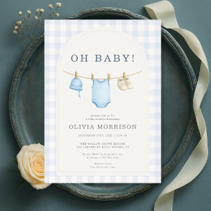 Blå Gingham Bebis Shower Inbjudningar
