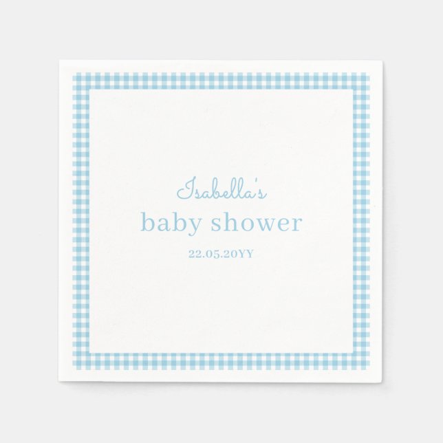 Blå Gingham Bebis Shower Pappersservett (Framsidan)