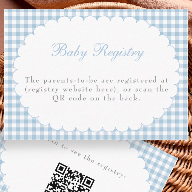 Blå Gingham Bebis Shower Registrerings QR-kod Kort (Skapare uppladdad)