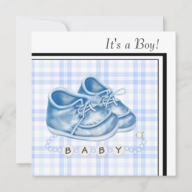Blå Gingham Bebis Skor Svart Blå Baby Boy Shower Inbjudningar (Framsida)