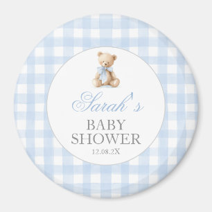 Blå Gingham Björn Bebis Shower Magnet
