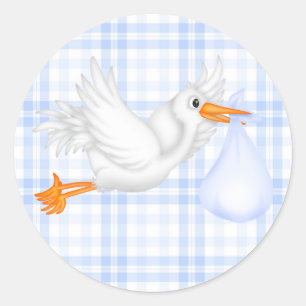 Blå Gingham Blå Stork Bebis Bjudning Klistermärke