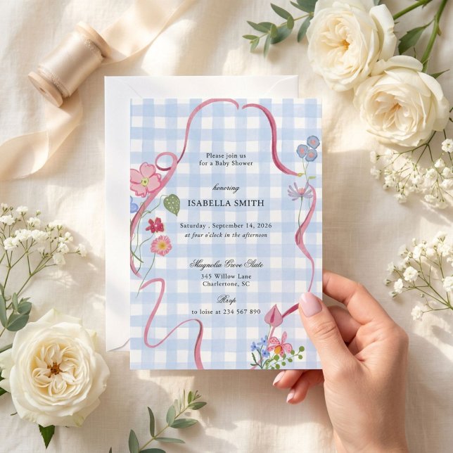 Blå Gingham Blommig Band Babyfirande Inbjudningar (Skapare uppladdad)