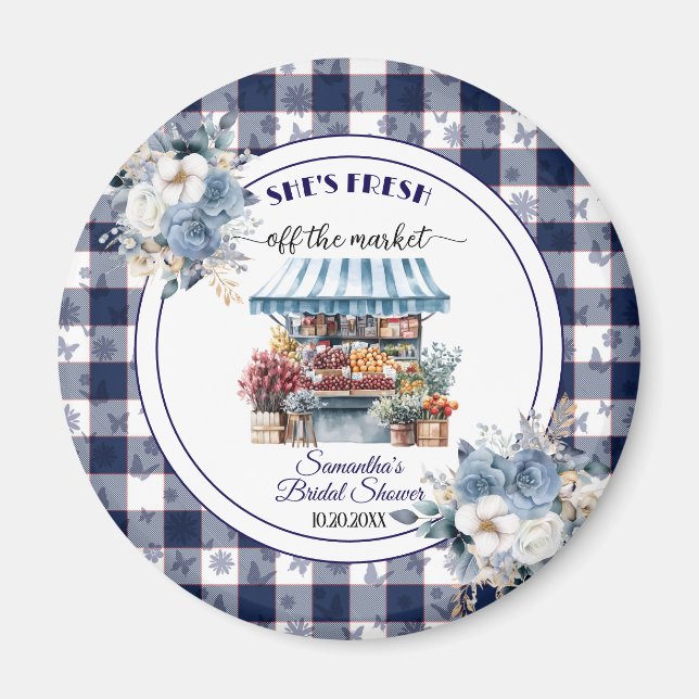 Blå Gingham Blommig Bröllopsfest favor Magnet (Framsidan)