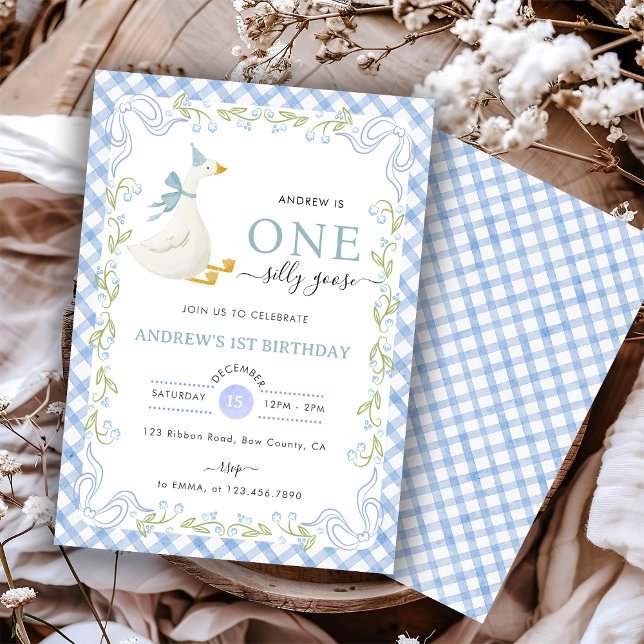 Blå Gingham Blommig En Dumma Gås 1-årsfest Inbjudningar (Skapare uppladdad)