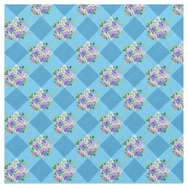 Blå Gingham Blommig Landsbygd Tyg (Närbild)